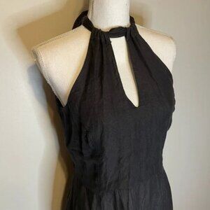 120% Lino Tie Neck Maxi Dress Silk Inlays Black